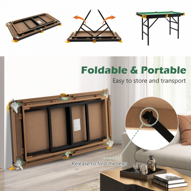 Folding billiard table with cues and chalk, featuring a portable design for easy storage and play space for kids.
