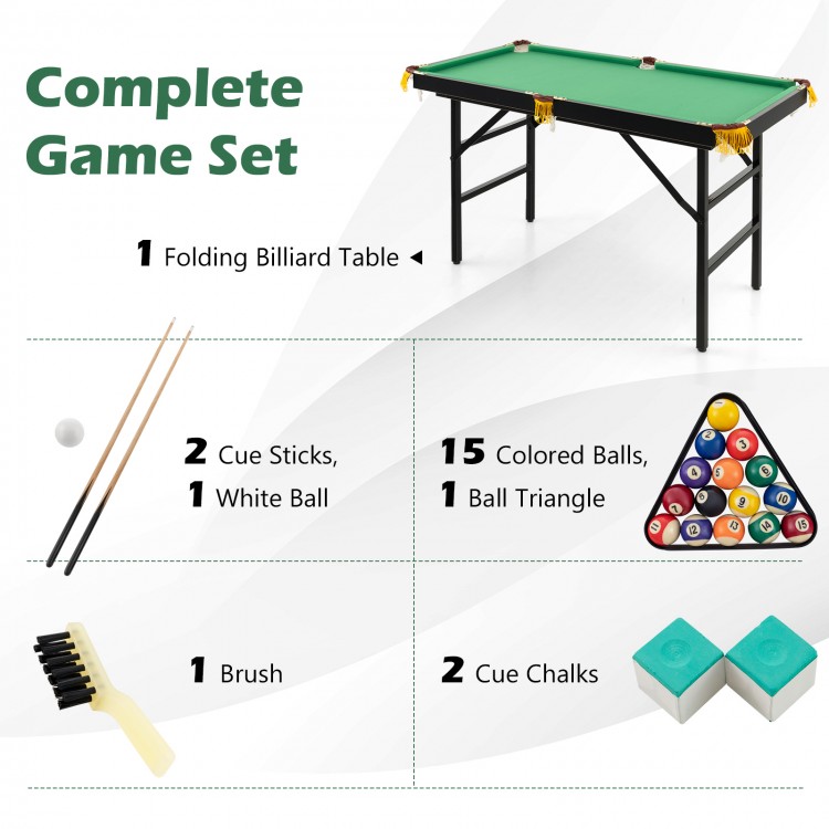 47-inch folding billiard table in green with 2 cue sticks, 15 colored balls, and accessories for kids' playtime.