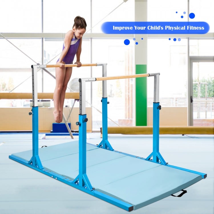 Kids adjustable blue parallel bars for gymnastics training, supporting 220 pounds, ideal for ages 6-12, promoting.