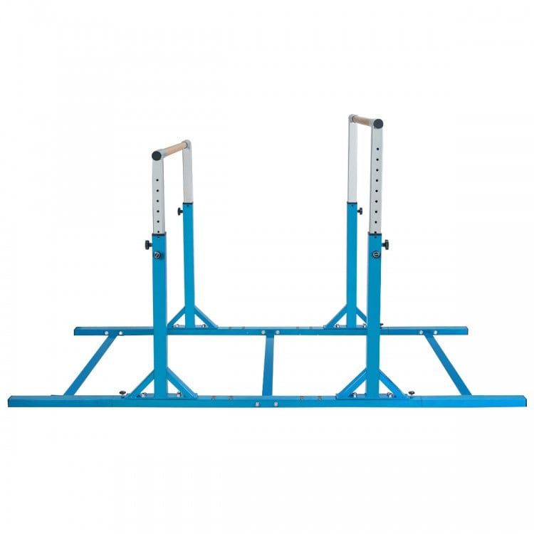 Kids adjustable blue double horizontal bars for gymnastics training, sturdy A3 steel, height 38" to 55", ideal for ages.