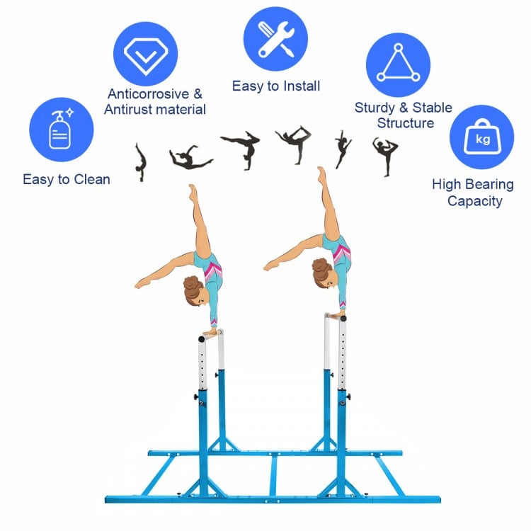 Kids double horizontal bars in blue, adjustable height 38"-55", sturdy A3 steel, ideal for gymnastics training.