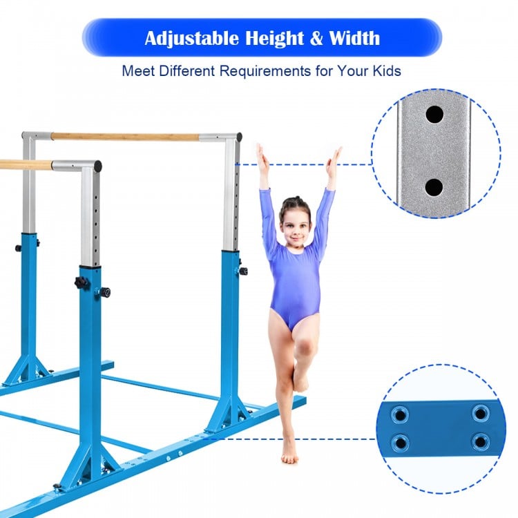 Kids double horizontal bars in blue, adjustable height 38" to 55", designed for gymnastic training and coordination.