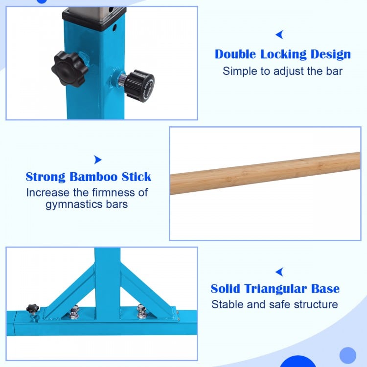 Kids double horizontal bars in blue with adjustable height, solid triangular base, and double locking design for safety.