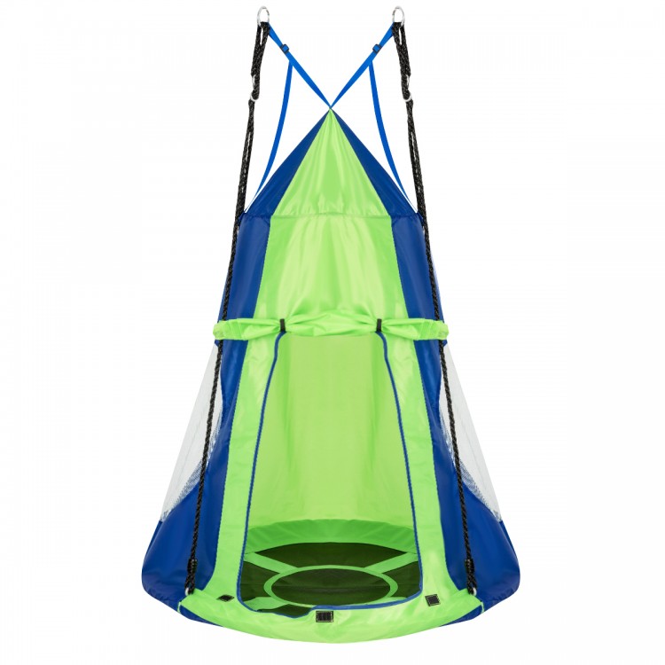 Kids 40-inch hanging chair swing tent in green and blue, suitable for 2-3 kids, perfect for playrooms or backyards.