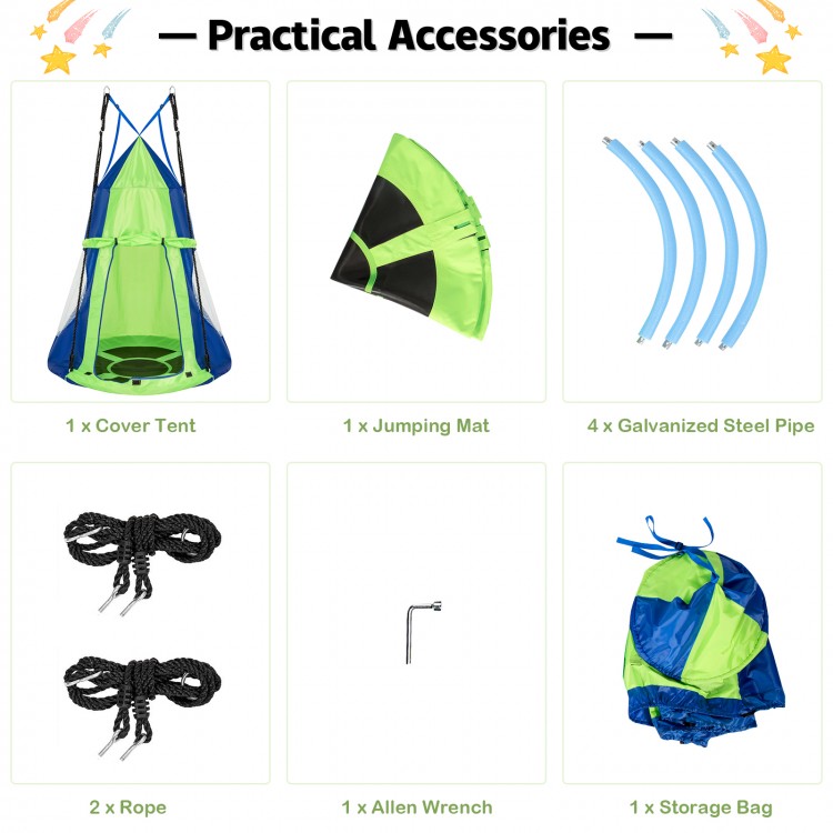Detachable green swing tent set with a 40-inch saucer swing, suitable for 2-3 kids, ideal for playroom or backyard.