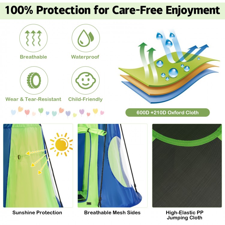 Detachable green swing tent with breathable mesh sides, suitable for 2-3 kids, perfect for outdoor play and relaxation.