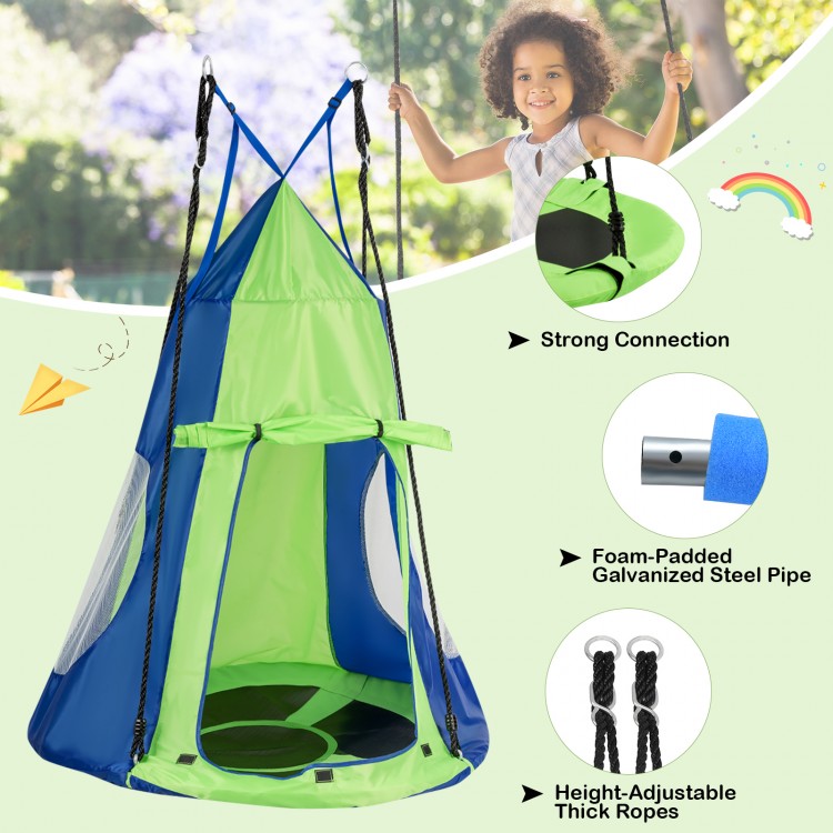 Kids hanging chair tent set in green, featuring a 40-inch swing, sturdy frame, and detachable design for cozy playtime.