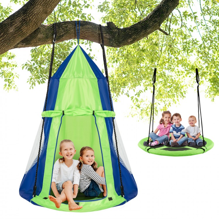 Kids 2-in-1 hanging chair and swing tent set in green, suitable for 2-3 kids, perfect for outdoor or indoor play.
