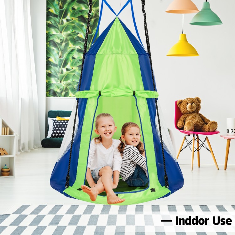 Kids enjoy the 2-in-1 40-inch green hanging chair tent, perfect for indoor use as a cozy reading nook or swing.