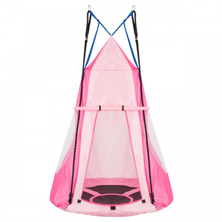 Pink 2-in-1 kids hanging chair swing tent with detachable design, suitable for 2-3 kids, ideal for playroom or backyard.