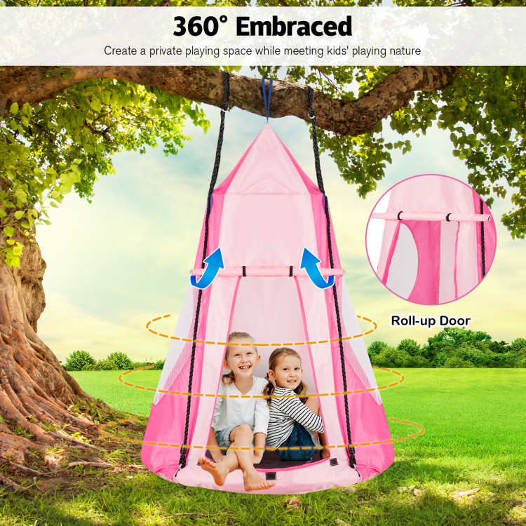 Kids sitting in a pink 2-in-1 hanging chair tent swing, perfect for outdoor play and cozy reading nook.