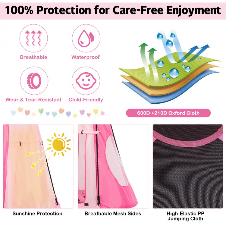 Pink 2-in-1 kids hanging chair swing tent with breathable mesh sides, sturdy frame, and 40'' diameter for outdoor fun.