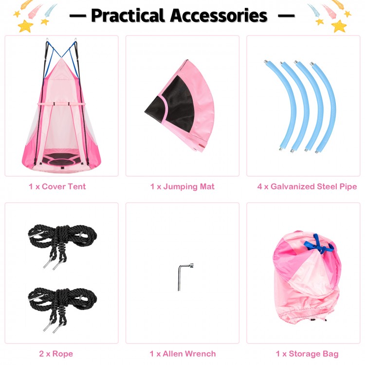 Pink 2-in-1 kids hanging chair swing tent set with a detachable tent, suitable for 2-3 kids, maximum 330 lbs capacity.