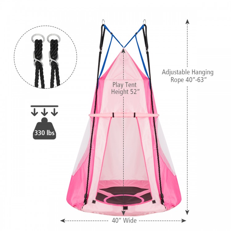 Pink 40-inch kids hanging chair tent with adjustable ropes, suitable for 2-3 kids, perfect for playrooms or backyards.
