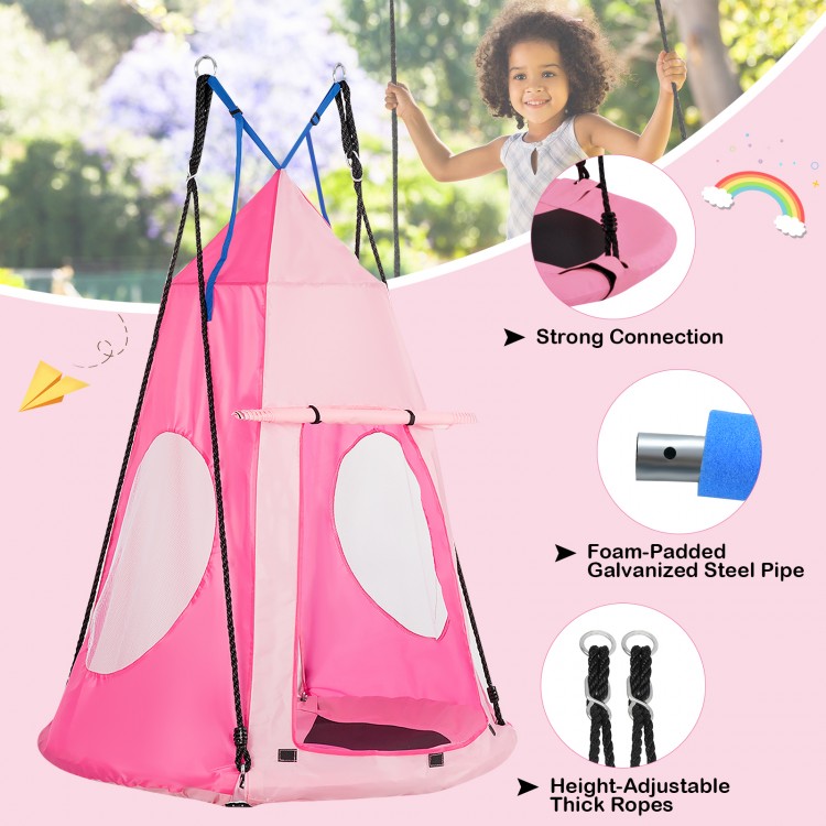 Pink 2-in-1 kids hanging chair and tent set with a sturdy frame, perfect for a cozy reading nook or playtime.