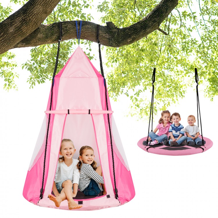 Kids hanging chair tent set in pink, featuring a 40-inch saucer swing for 2-3 children, perfect for playtime and.
