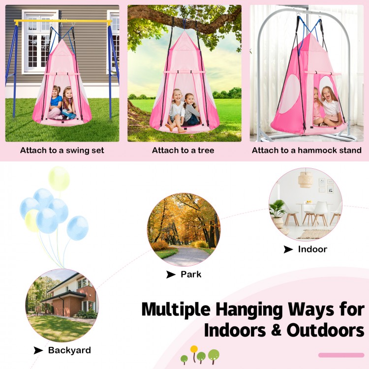 Pink 2-in-1 kids hanging chair swing tent with detachable design, suitable for indoor and outdoor use, holds up to 330.