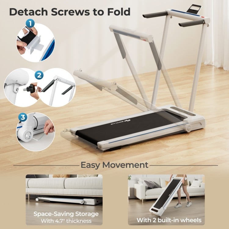 Folding treadmill with a 16'' running belt, detachable tabletop, and built-in wheels for easy storage and movement.