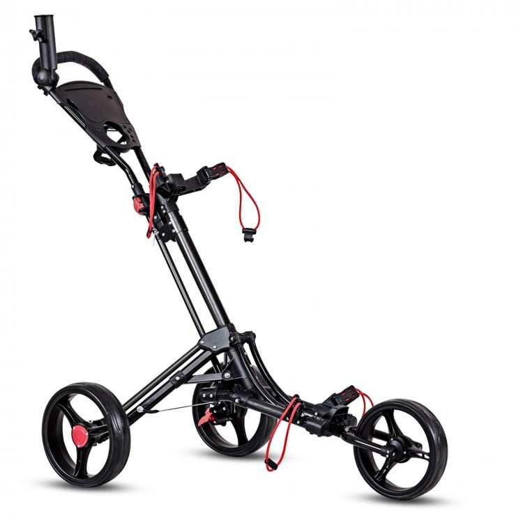 Foldable 3 wheel golf pull push cart trolley showcasing the sturdy aluminum and steel frame with easy clip bag straps.
