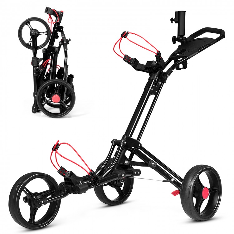 Foldable 3 wheel golf pull push cart trolley with adjustable handle, 10" rear wheels, and umbrella holder for easy.