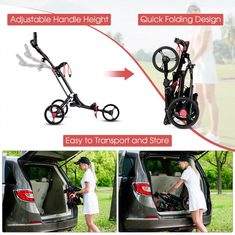 Foldable 3 wheel golf pull push cart trolley with adjustable handle and quick folding design for easy transport and.
