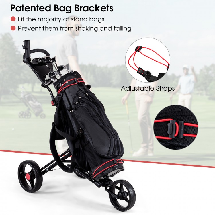 Foldable 3 wheel golf pull push cart trolley with adjustable straps and sturdy construction for smooth gliding on all.