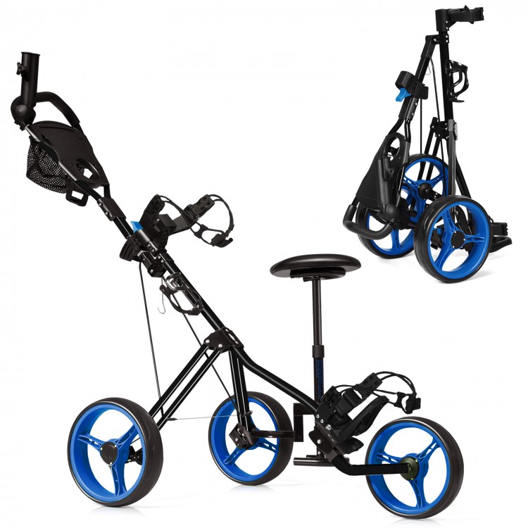 Foldable 3-wheel golf trolley in navy with scoreboard bag, featuring durable construction and easy transport for.