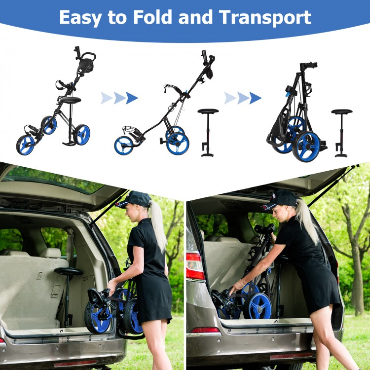 Foldable 3-wheel golf trolley in navy with scoreboard bag, easy to transport and store, ideal for golfers on the go.