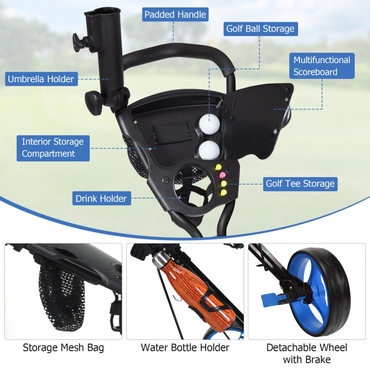 Foldable 3-wheel golf trolley in navy with umbrella holder, drink holder, and scoreboard bag for easy transport on the.