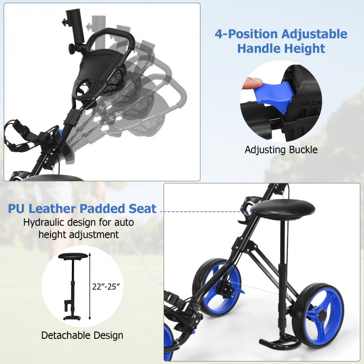 Foldable 3-wheel golf trolley with adjustable handle, PU leather padded seat, and durable powder-coated frame for easy.