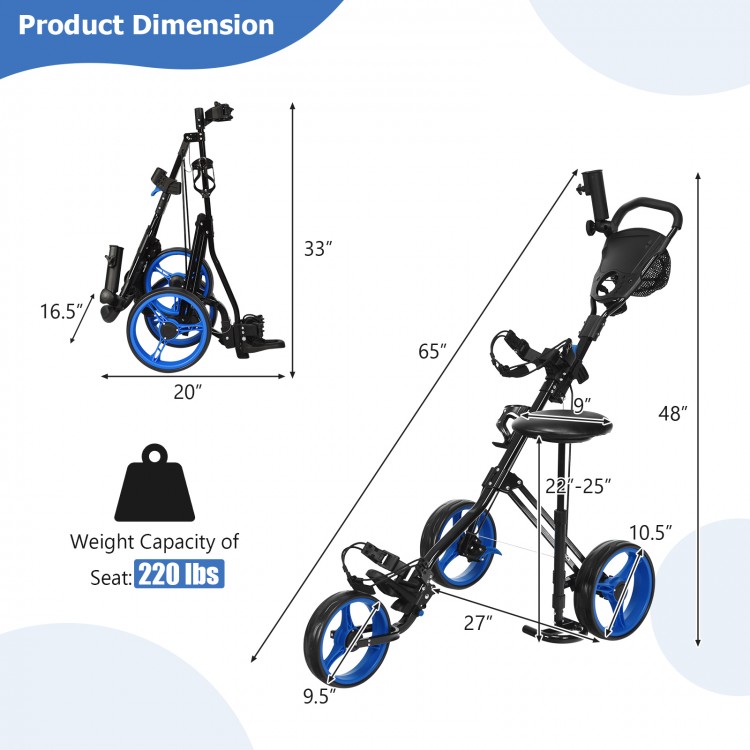 Foldable 3-wheel golf trolley in navy with scoreboard bag, featuring durable wheels and a comfortable handle for easy.