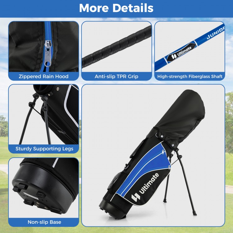 Junior golf club set for ages 8-10 in blue, featuring fiberglass shafts, TPR grips, and a portable stand bag.