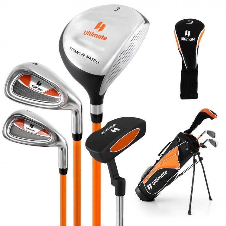Complete golf club set for children aged 11-13, featuring fairway wood, irons, putter, and stand bag in orange.