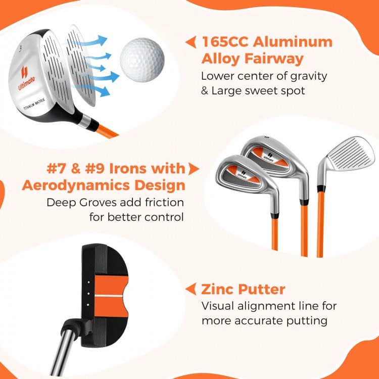 Complete golf club set for children aged 11-13, featuring 165CC aluminum alloy fairway wood and lightweight design.