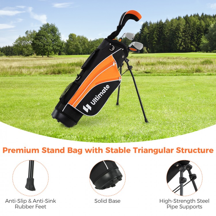 Complete golf club set for children aged 11-13, featuring an orange stand bag with anti-slip rubber feet for easy.