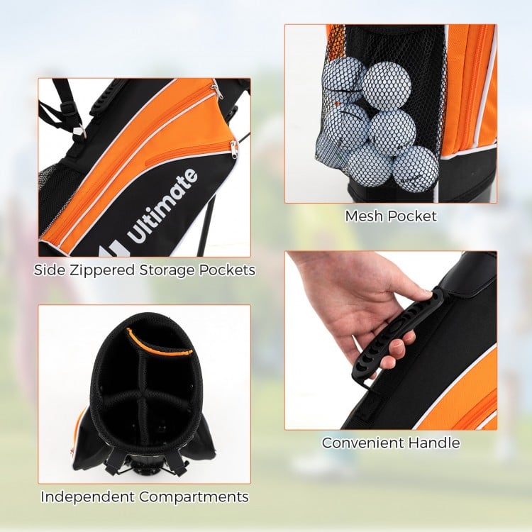 Complete golf club set for children age 11-13 in orange, featuring a stand bag with mesh pocket and convenient handle.