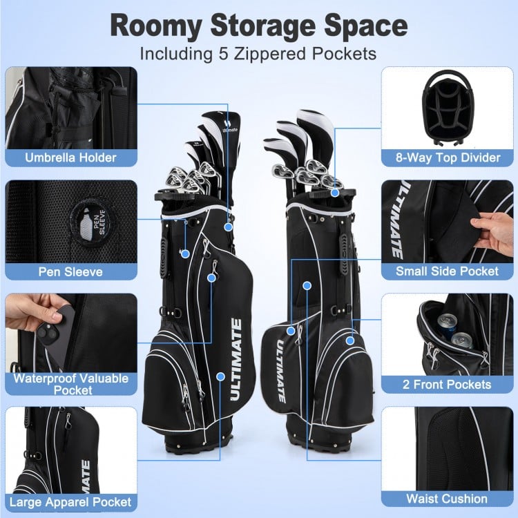 Men’s Profile complete golf club set in black with a convenient stand bag and multiple storage pockets for golf.
