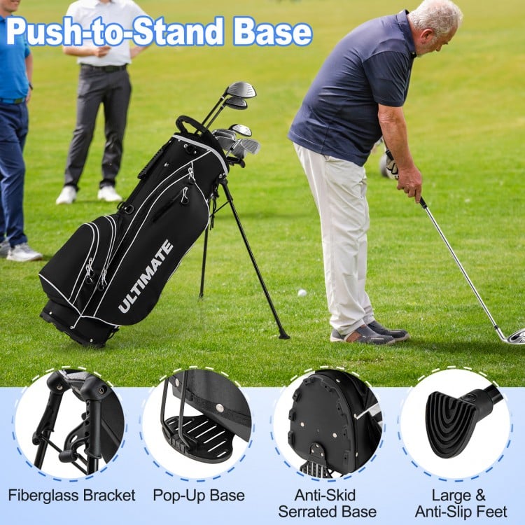 Men’s Profile complete golf club set in black with stand bag, featuring adjustable straps and multiple storage pockets.