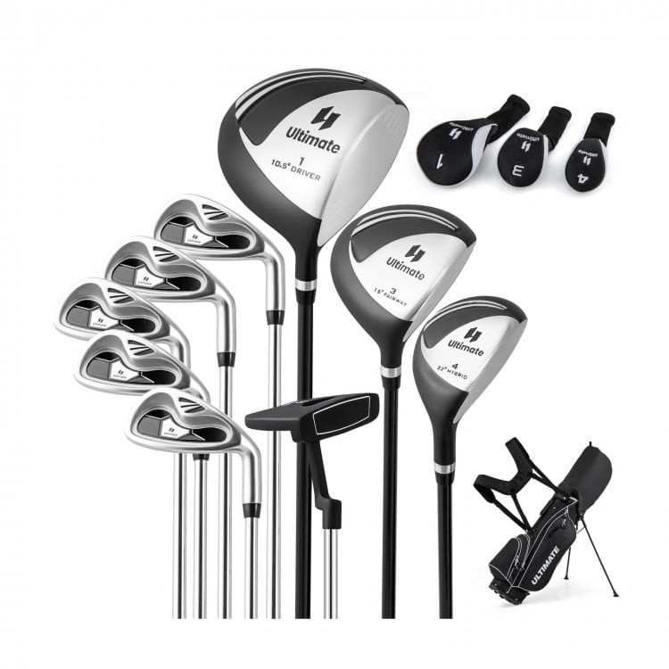 Men’s complete 10-piece golf club set with driver, fairway wood, hybrid, irons, putter, and stand bag for golf lovers.