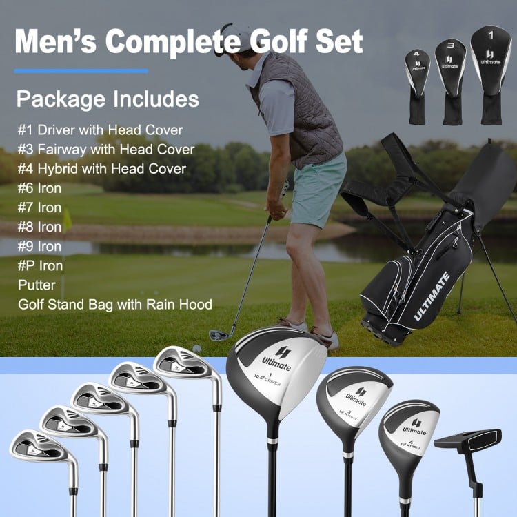 Men’s complete golf set featuring a driver, fairway wood, hybrid, irons, putter, and stand bag for all golf enthusiasts.