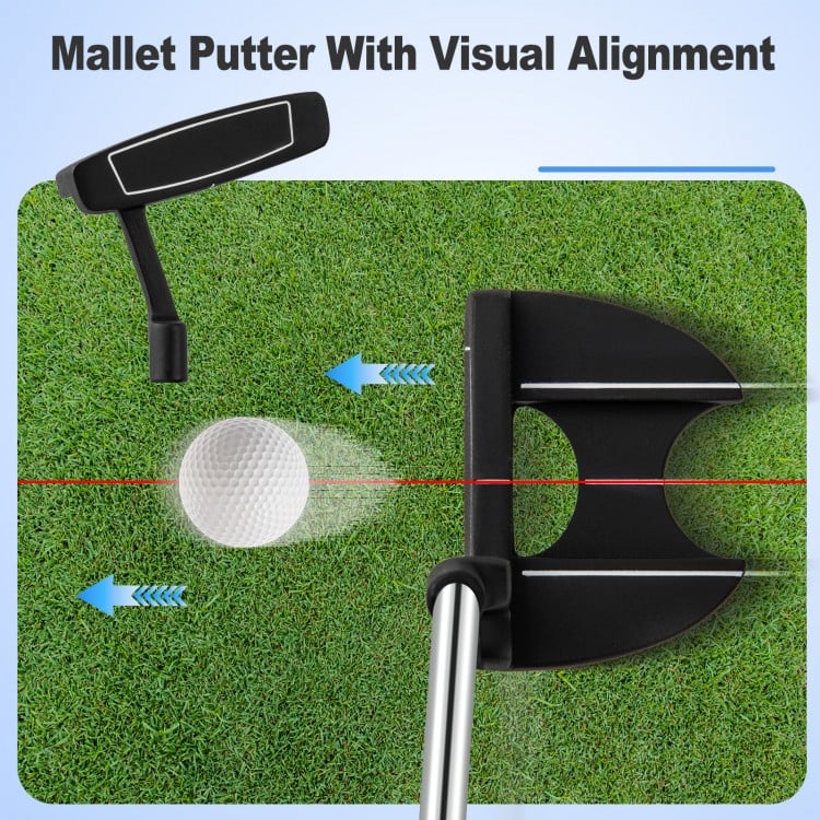 Mallet putter with visual alignment feature, designed for improved accuracy in golf, shown on grass with a golf ball.
