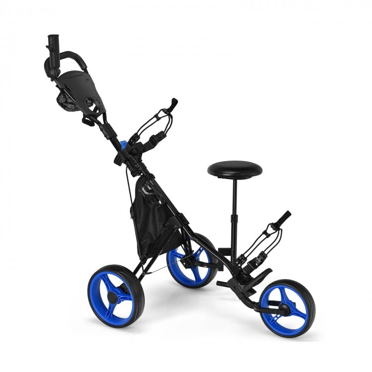 3-wheel folding golf push cart with blue accents, adjustable seat, and storage bag for easy maneuverability on the.
