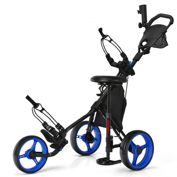 3-wheel folding golf push cart in blue with adjustable handle, seat, and large storage bag for easy maneuverability.