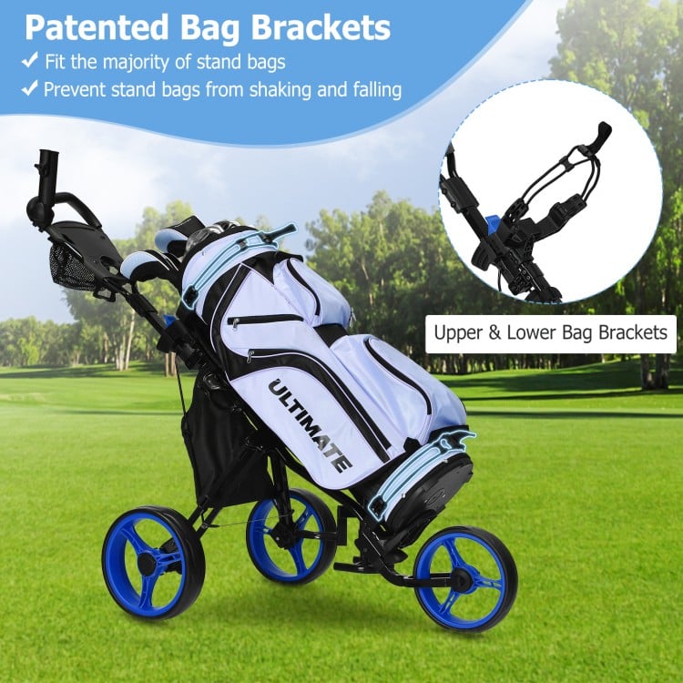 Close-up of the patented bag brackets on the 3 Wheels Folding Golf Push Cart, ensuring stability for various stand bags.