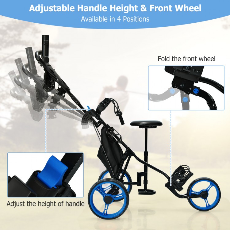 Folding golf push cart with adjustable handle and front wheel, featuring a sturdy steel frame and large storage bag.