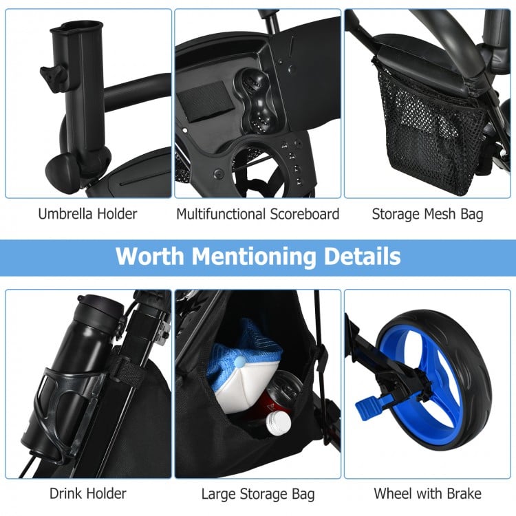 Detail shot of the 3 Wheels Folding Golf Push Cart features, including storage bag, drink holder, and adjustable handle.