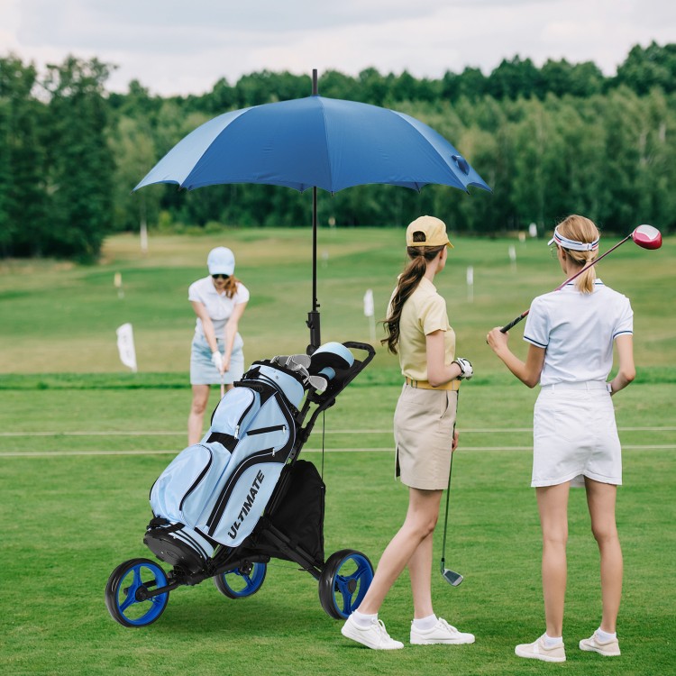Folding 3 wheels golf push cart in blue with adjustable handle, cup holder, and scoreboard for easy transport on the.