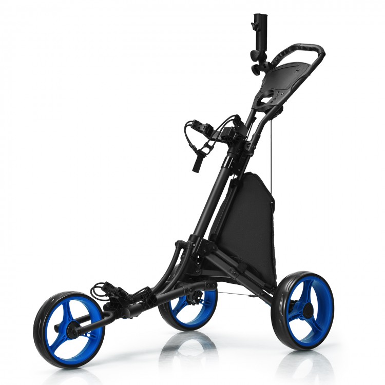 Folding 3 wheels golf push cart in blue with adjustable handle, storage bag, and ball bearing wheels for stability.