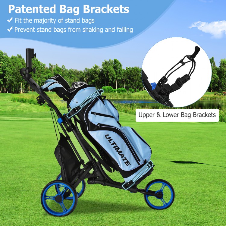 Folding 3 wheels golf push cart in blue with bag brackets, ergonomic handle, and cup holder for stable transport.