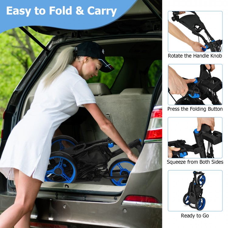 Folding 3 wheels golf push cart in a car trunk, featuring a blue aluminum frame and easy folding design for portability.